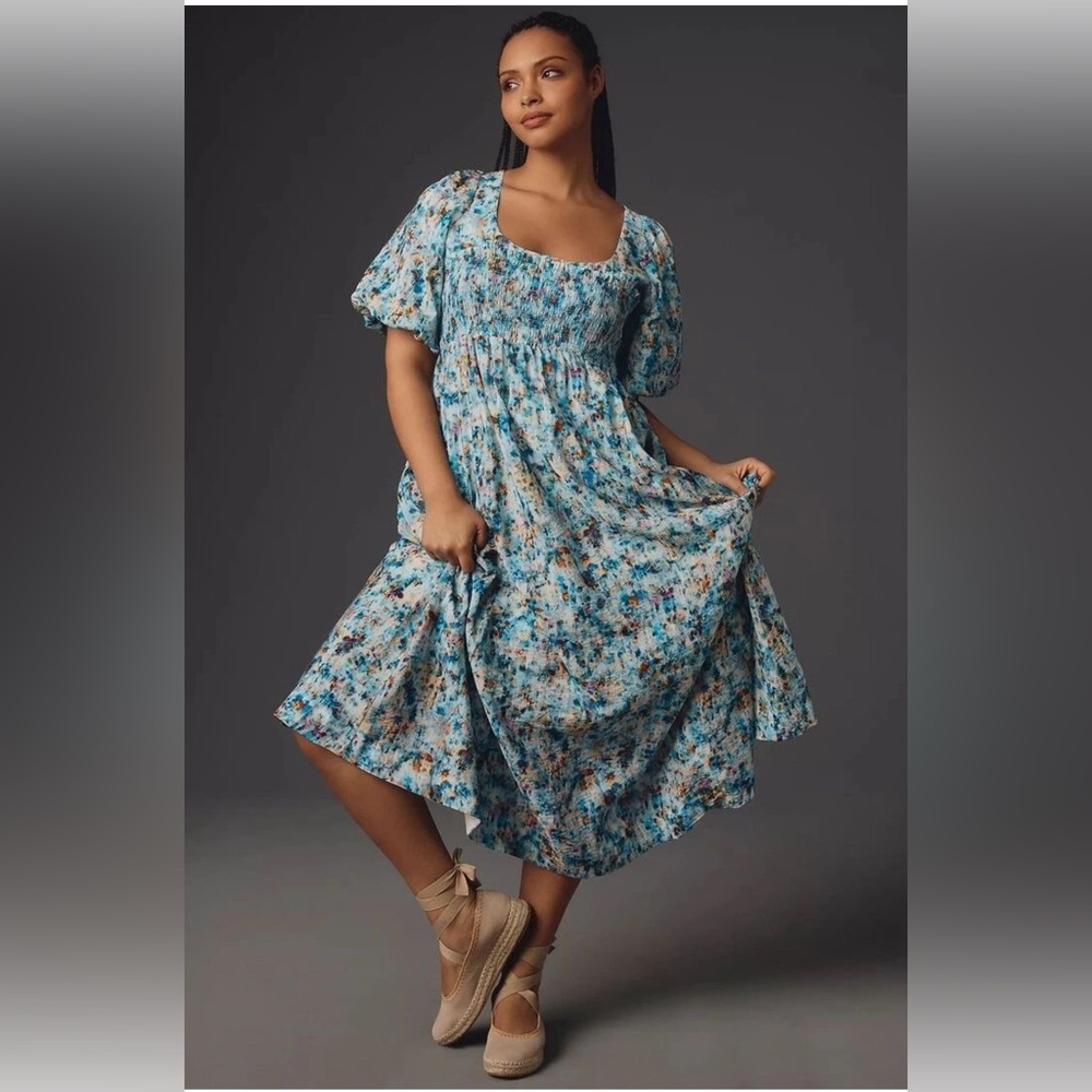 Blue Floral Midi Dress with Puff Sleeves